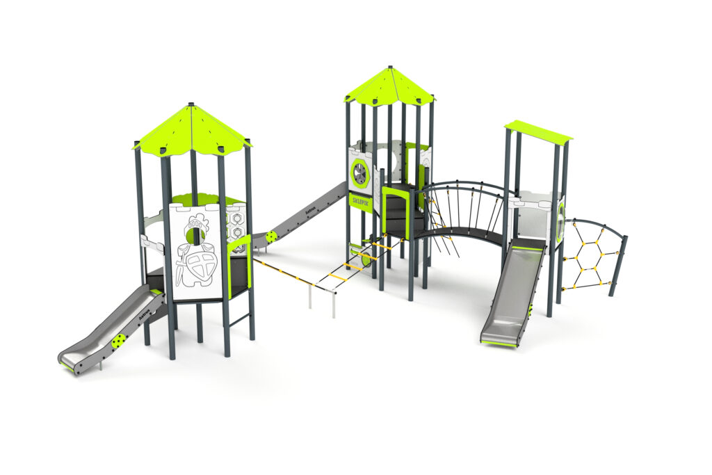 11086 3-Turm mit Rutschen, Sprossenleiter, Brücke, Netze, Spielwände und Kletterwand, Astrus