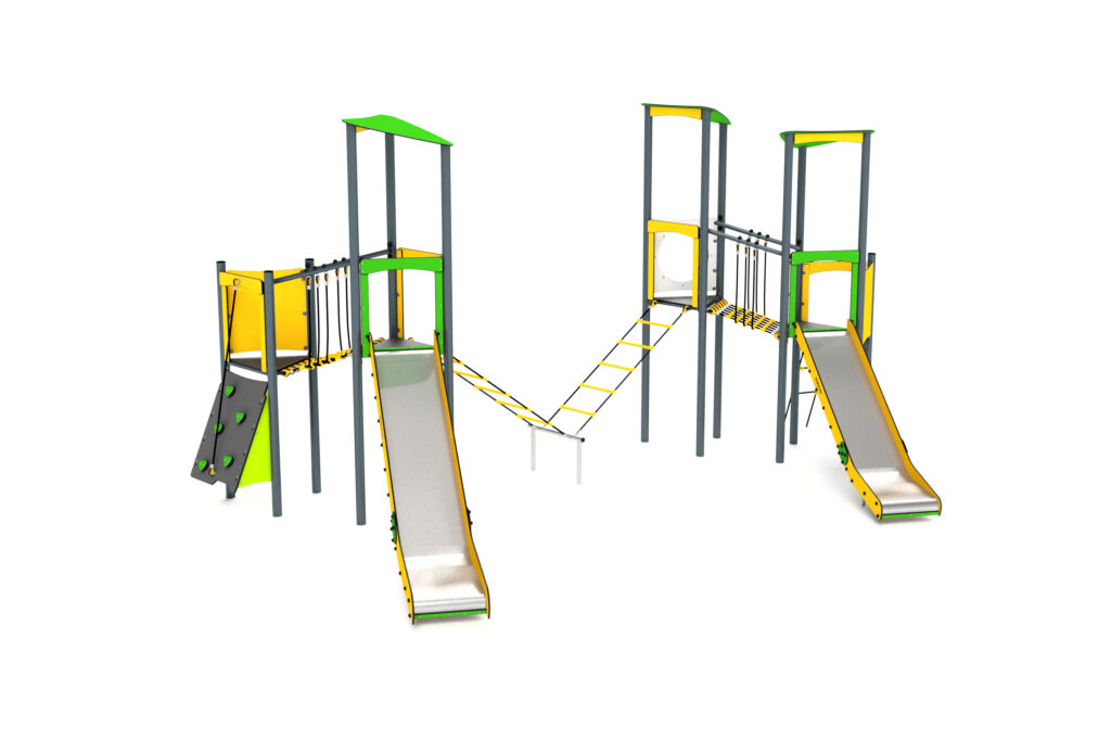 11055 3-Turm mit Rutschen, Kletternetze, Kletterwand und Balancierweg, Astrus