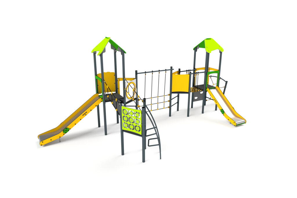 11078 Doppelturm mit Rutschen, Sprossenleitern, Kletterwand, netze Balancierweg und Spielwände, Astrus