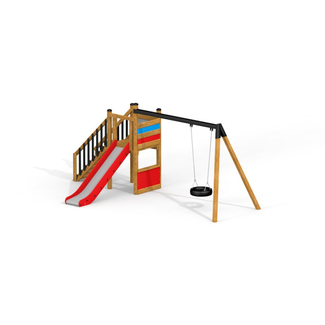 Einzel Schaukel mit Rutsche, Spielturm und Treppe Ansicht 2