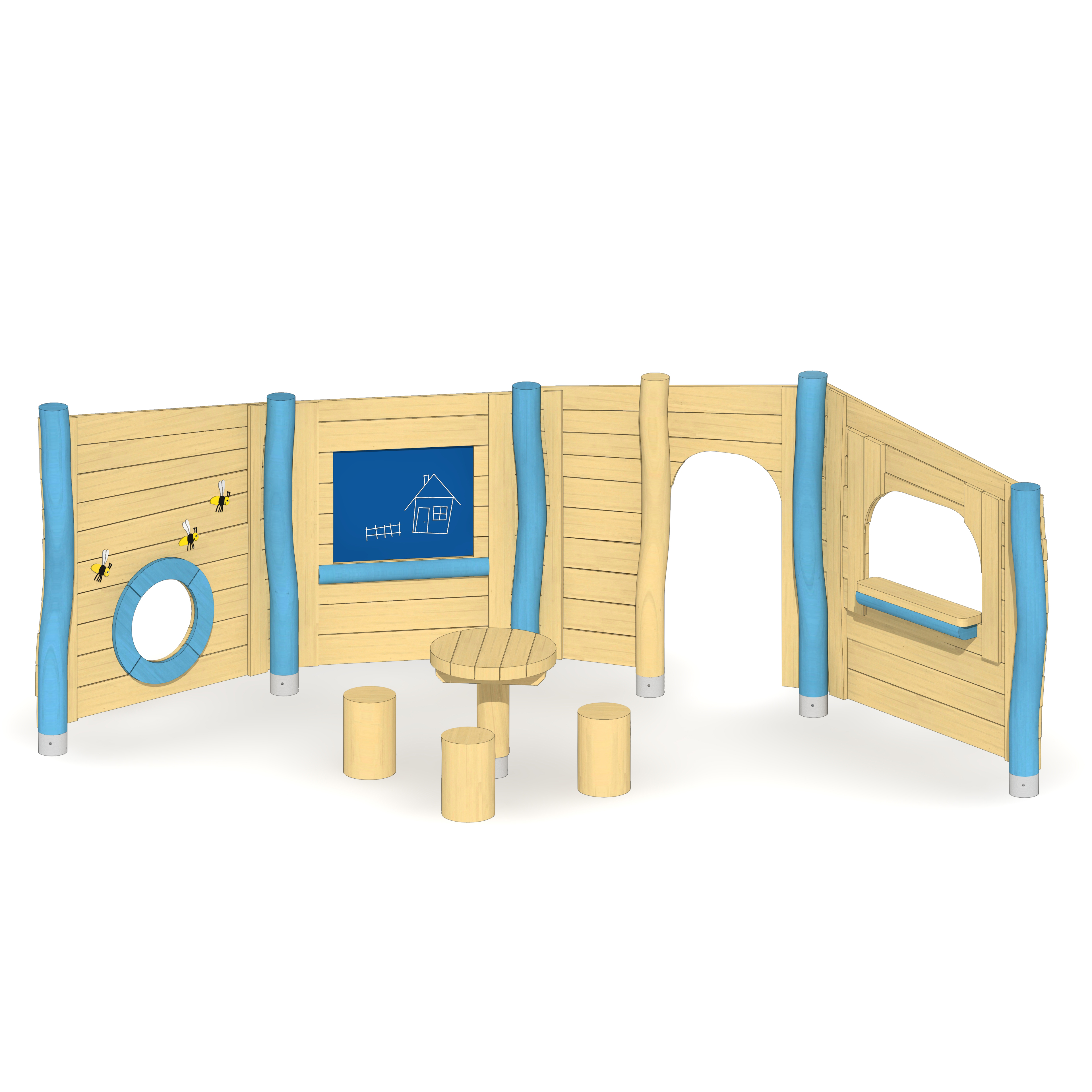 Spielwand Holz 4-teilig mit Sitzgruppe