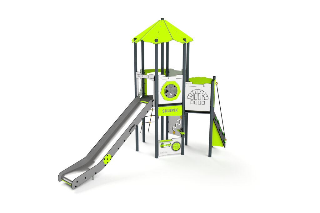 11089 Turm mit Kletterwand, Kletterrutsche, Spielwand und Rutsche, Astrus