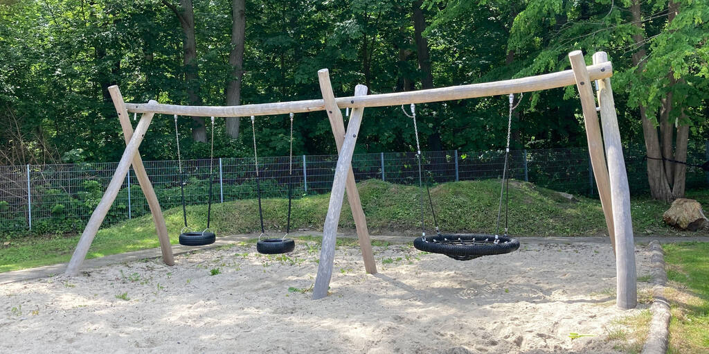 Doppelschaukel mit Vogelnestkorb und 2 Reifensitzen Ansicht 3