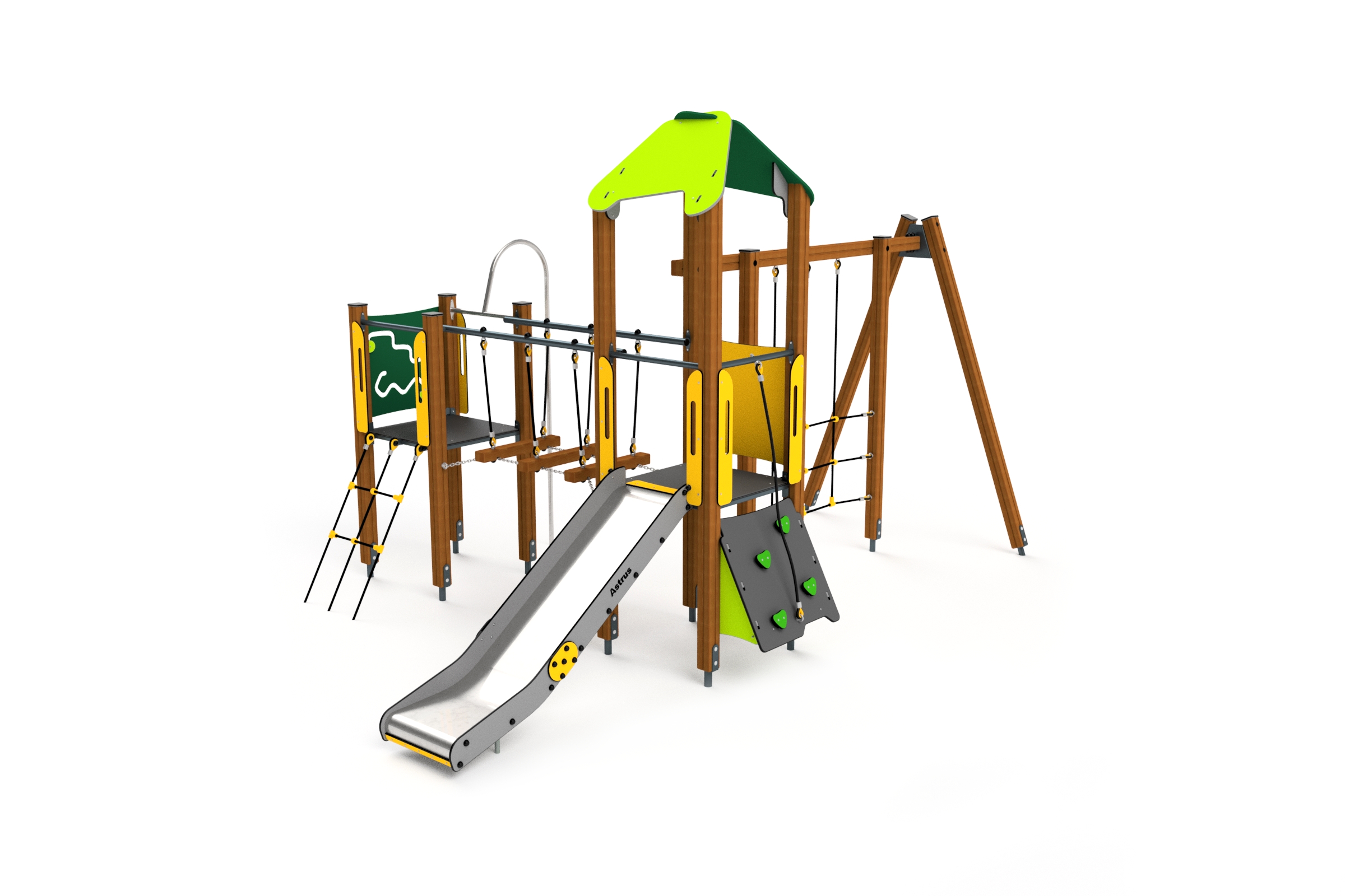 10019 Spielturm mit Wackelbrücke, Kletternetz und Rutsche Ansicht 2