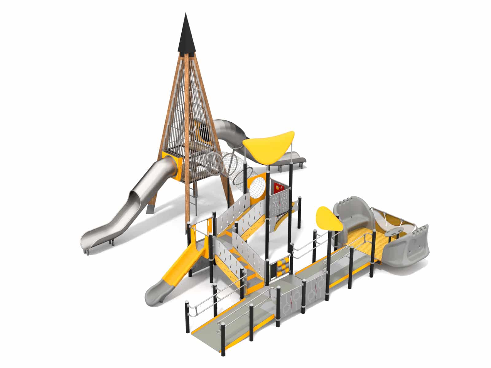 Spielplatzanlage mit Turm und inklusiver Schaukel