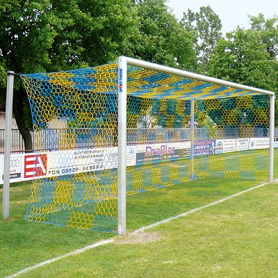 Sport-Thieme Grossfeld-Fußballtor in Bodenhülsen stehend, mit freier Netzaufhängung, Alu