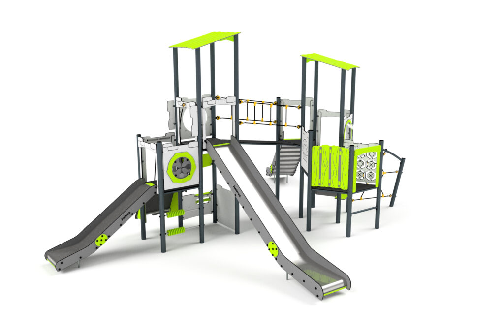 11091 Turm mit Rutschen, Spielwand, Sprossenleiter, Netz und Kletterwand, Astrus
