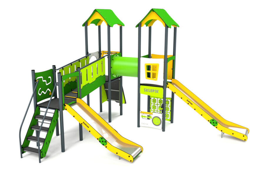 11037 Doppelturm mit Rutschen, Spielwand, Brücke, Kletterwand und Tunnel, Astrus