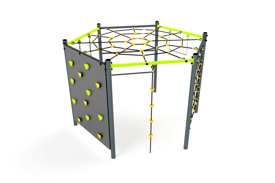 3606S-1 Kletterspass Hexagon mit Spinnennetz und Kletterwand