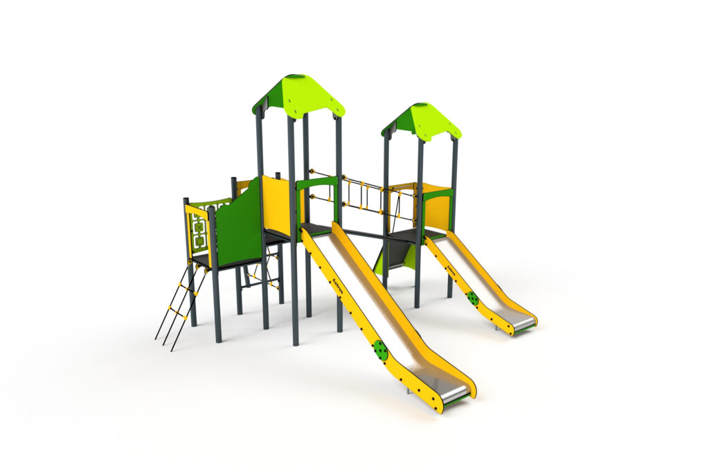 11030 Doppelturm mit Rutschen, Kletternetze, Kletterwand, Brücke und Spielwand, Astrus