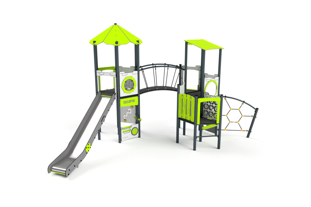 11090 Turm mit Rutsche, Brücke, Kletternetz, Spielwand und Sprossenleiter, Astrus