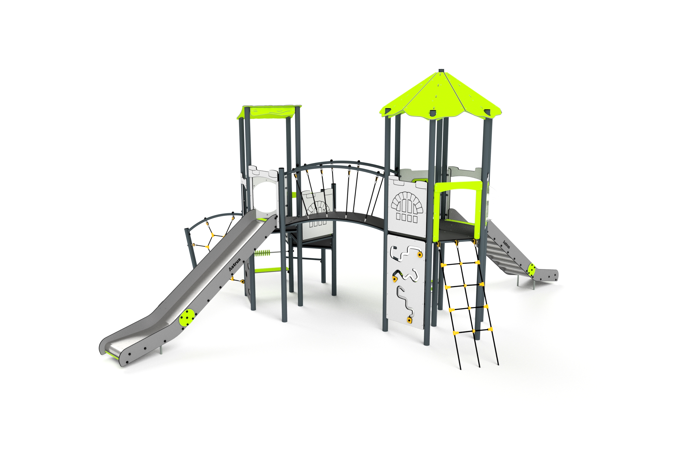 11090 Turm mit Rutsche, Brücke, Kletternetz, Spielwand und Sprossenleiter Ansicht 3