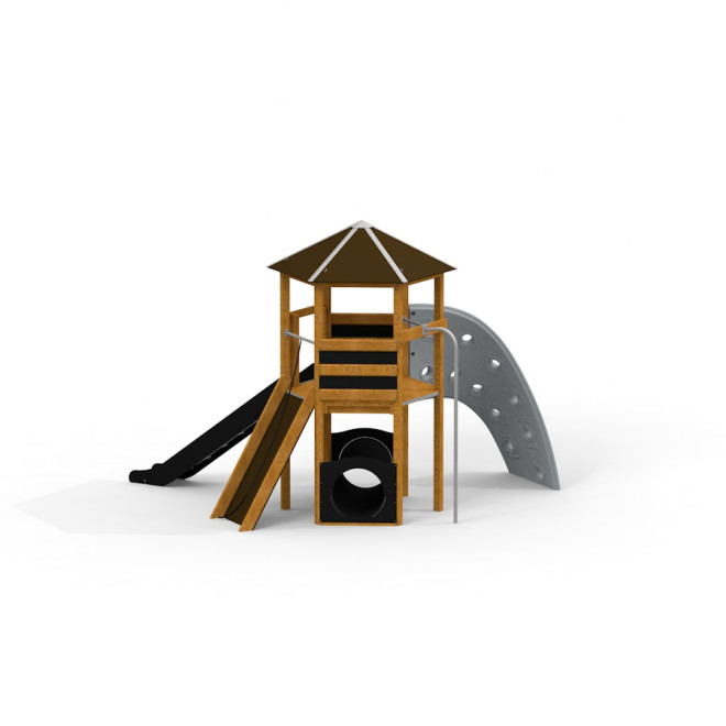 Spielturm mit Kletterwand und Rutsche Ansicht 2