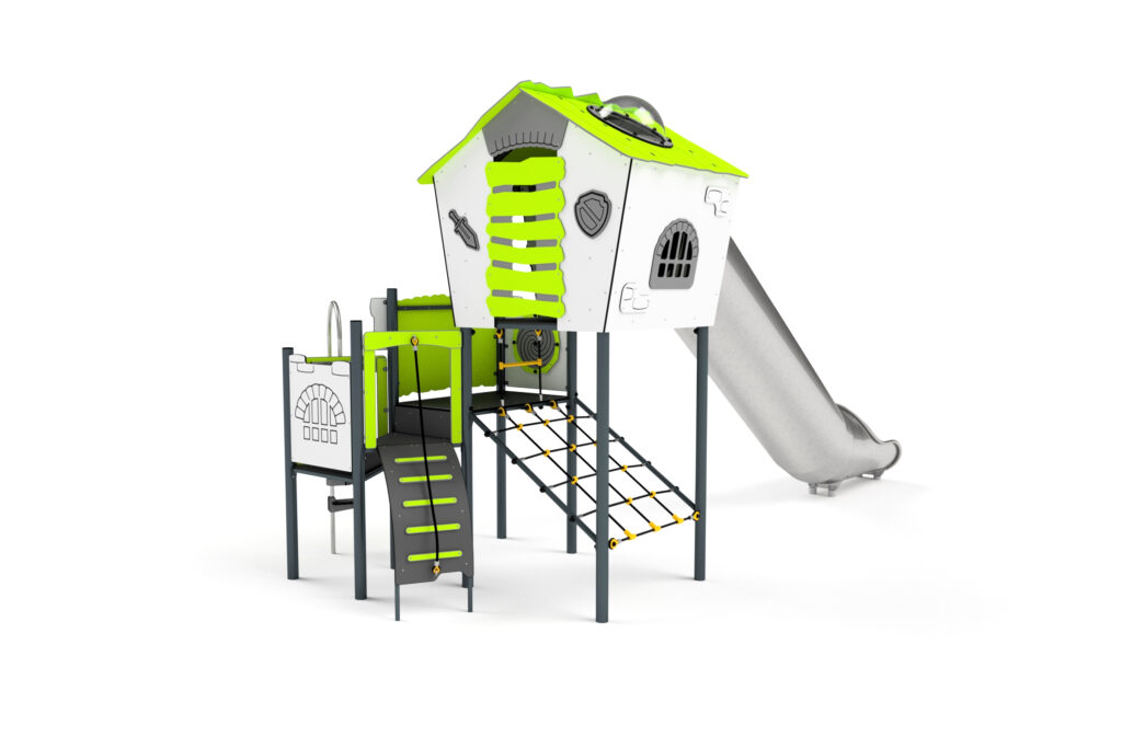 11087 Spielhaus mit Rutsche, Netzen, Kletterwand, Feuerwehrstange und Spielwand, Astrus