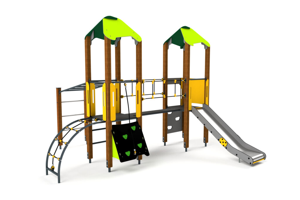 10021 Doppelturmanlage mit Hangelstrecke, Brücke, kleiner Kletterwand und Rutschbahn, Astrus