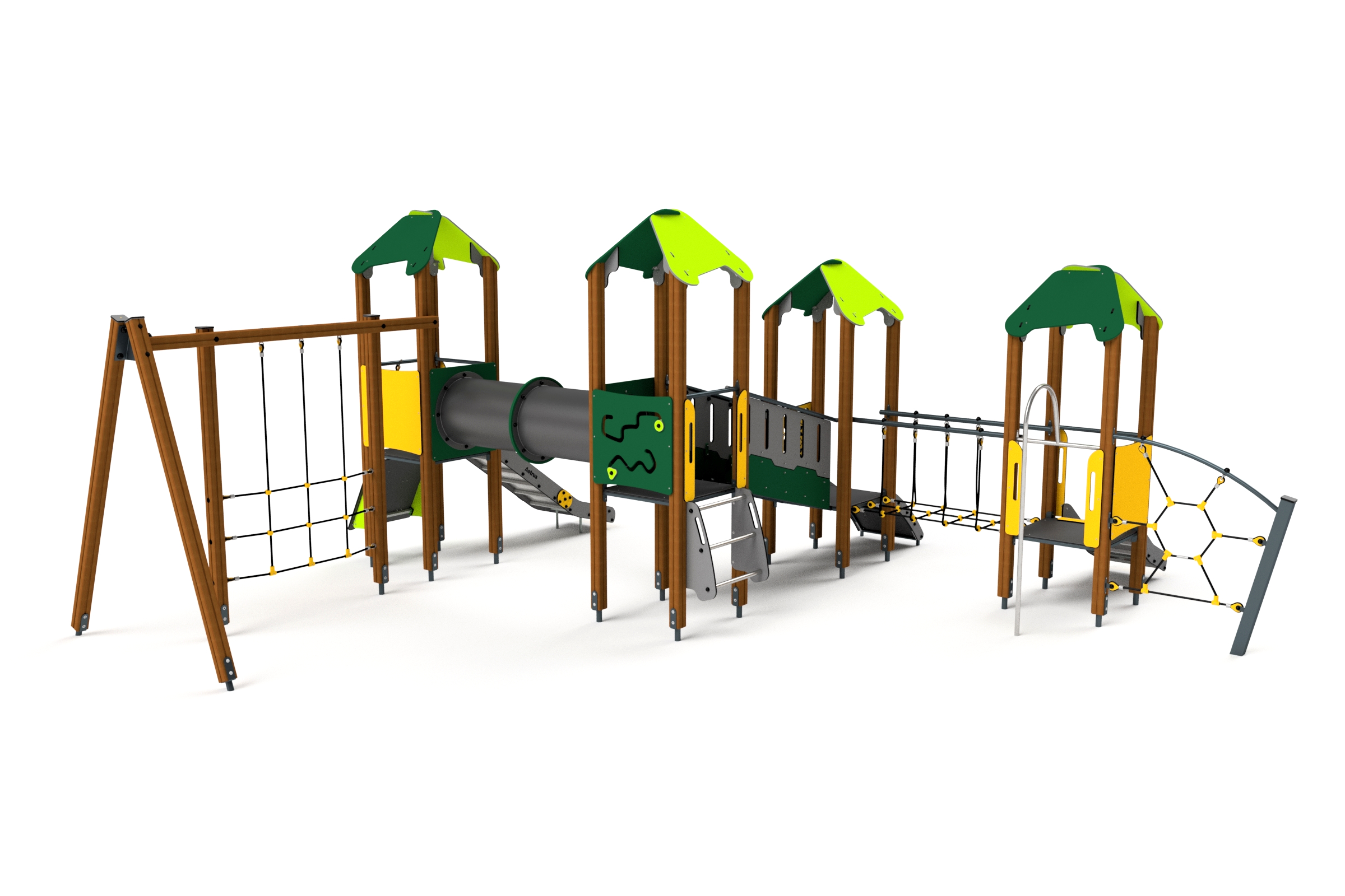 10034 4-Türme mit Netzen Spielwänden, Rutschen, Balancierweg und Tunnel Ansicht 3