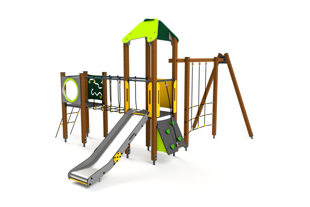 10048 Turm mit Kletternetzen, Balancierweg, Kletterwand, Spielwand und Rutsche, Astrus