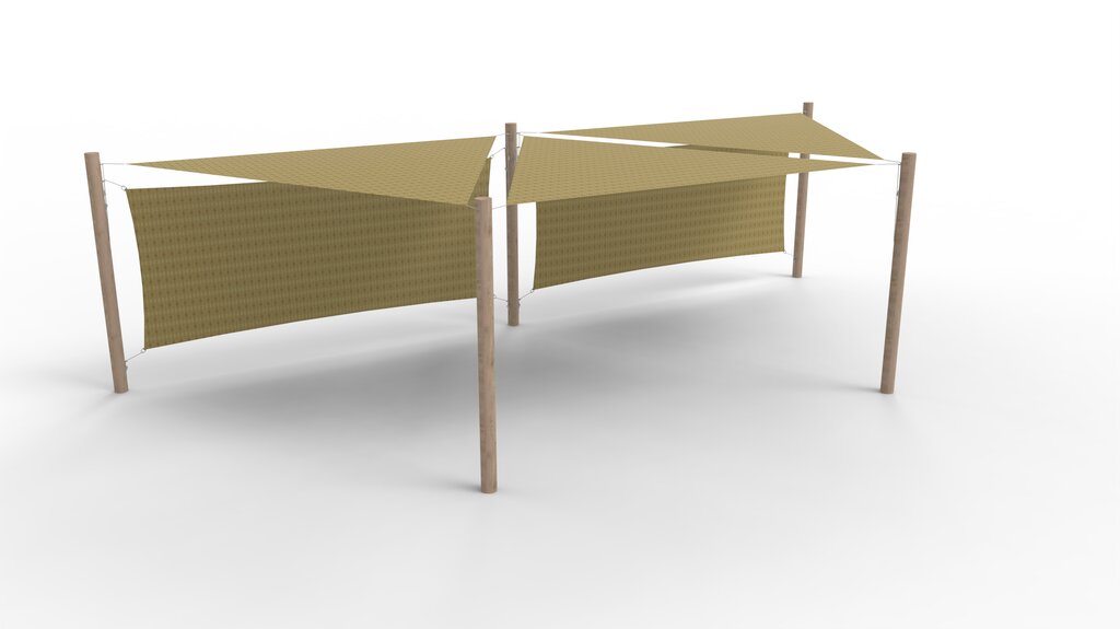 HDPE-Sonnensegel-System 3 Segel (3.6x3.6x3.6 m) + 5 Pfosten + 2 Windschutzwände, Norna
